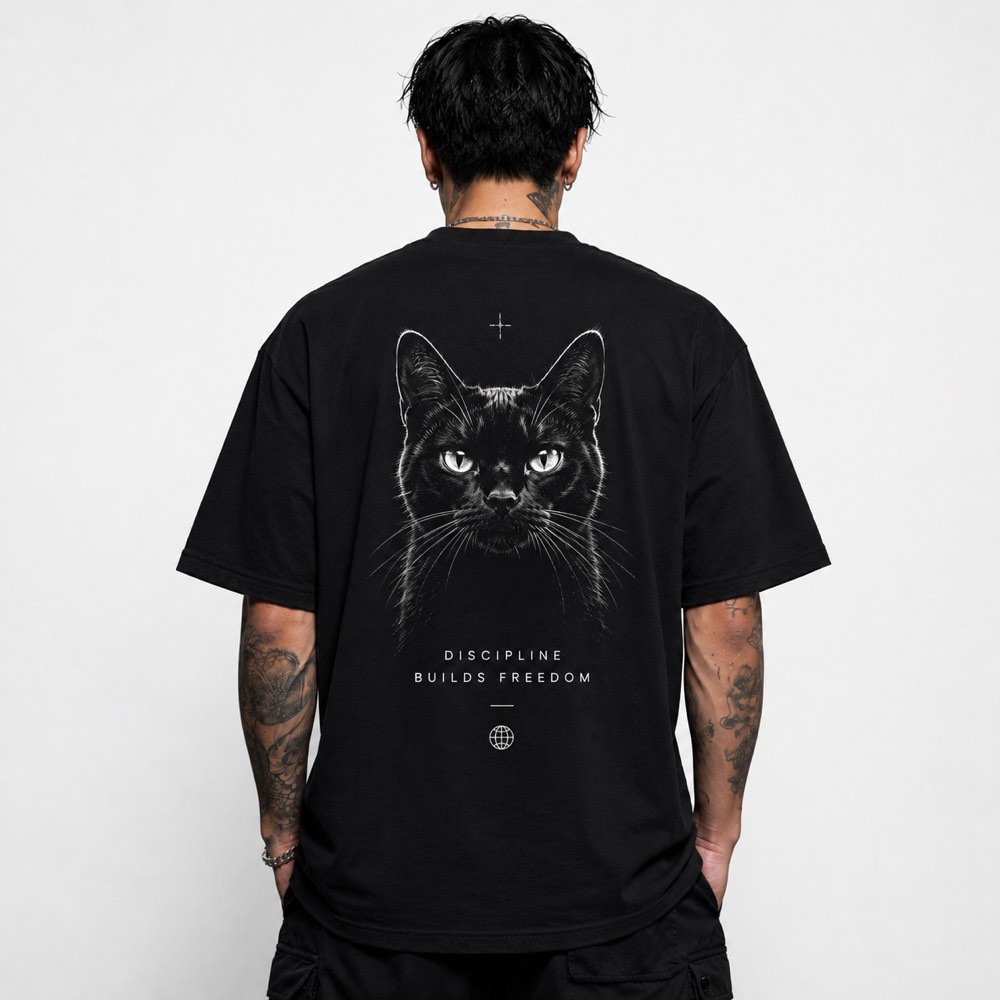 Discipline Builds Freedom black cat print on a black oversized tee
