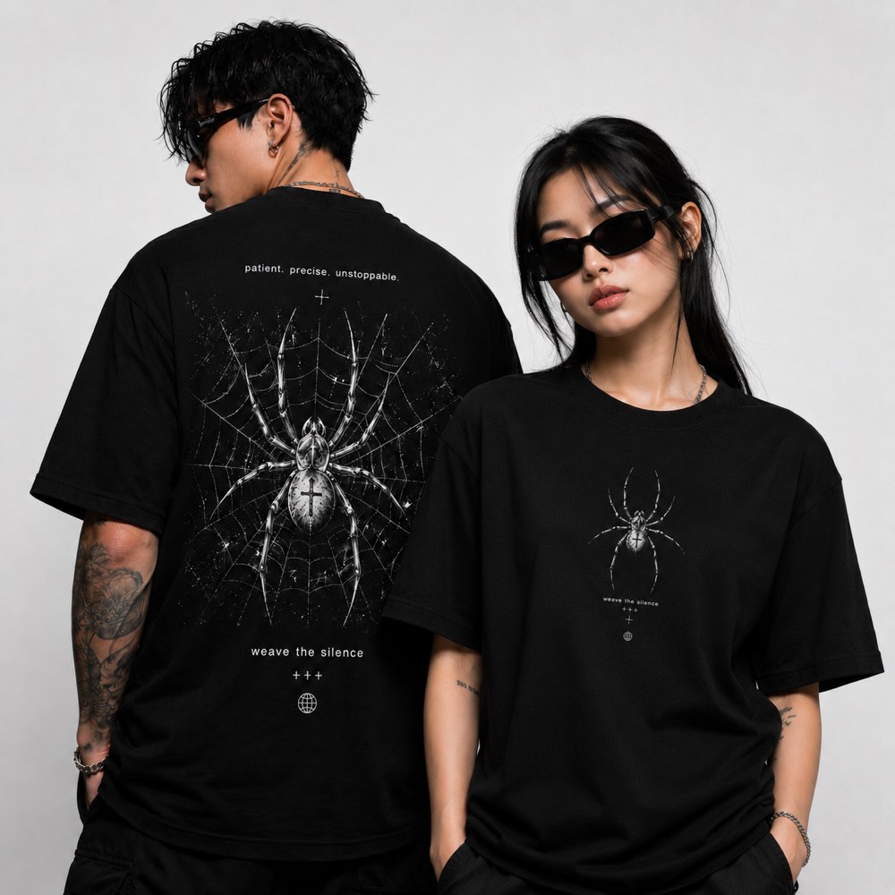 Weave the Silence web spider print on a black oversized tee